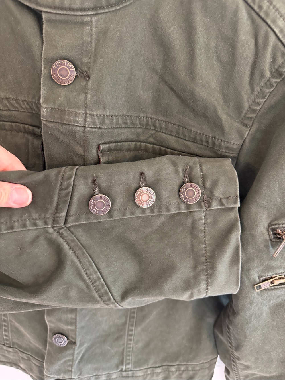 Vintage Tommy Hilfiger Olive Military Utility Jacket Y2K Zip Sleeve Size 12 - Picture 4 of 7